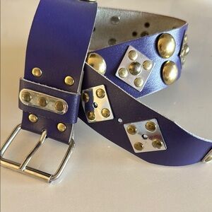 Vintage 80s German Leather Belt with Decorative Silver and Gold Hardware - Med